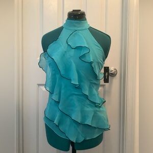 IZ Byer Sleeveless Top Women XS Turquoise Teal Aqua Ruffled Button Neck Top